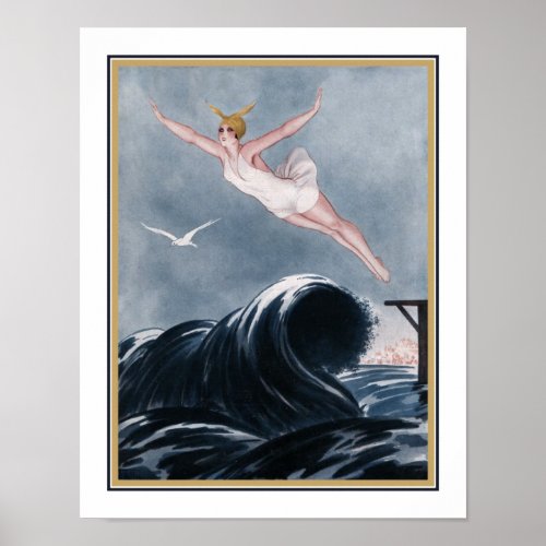 1920s Art Deco Flying Over The Waves Poster