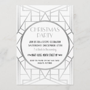 1920's Art Deco Gatsby 20s Christmas Party Silver Invitation