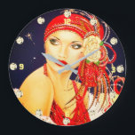 1920's Art Deco Gatsby Girl Wall Clock<br><div class="desc">Each one of our Art Deco girls is prettier than the one before the last! This one is dressed in red h yellow roses on her head piece and if you look she has gorgeous eyes. You can find this stunning clock at Home Comfort in our 'Tick Tock Time Flies...</div>