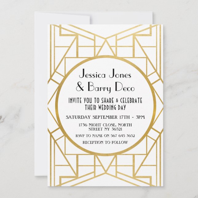 1920's Art Deco Gatsby Gold 20s Wedding Invite (Front)