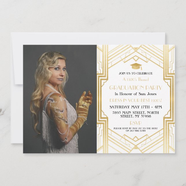1920s Art Deco Gold Photo Graduation Gatsby Party Invitation (Front)