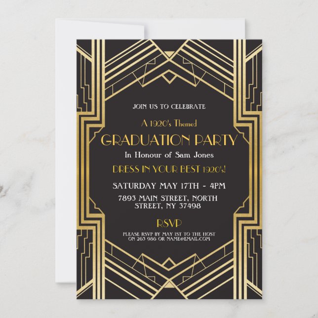 1920s Art Deco Graduation Invite Gatsby Party Gold (Front)