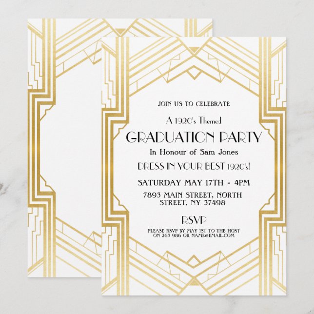 1920s Art Deco Graduation Invite Gatsby Party Gold (Front/Back)
