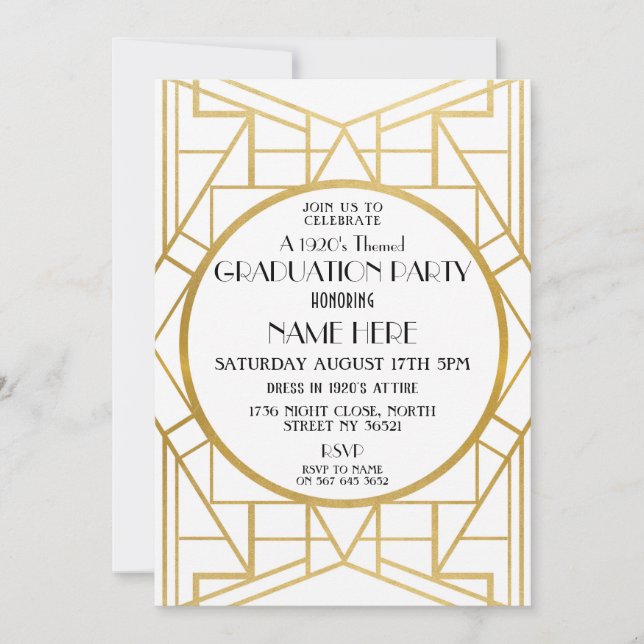 1920s Art Deco Graduation Party Gatsby Gold Invite (Front)