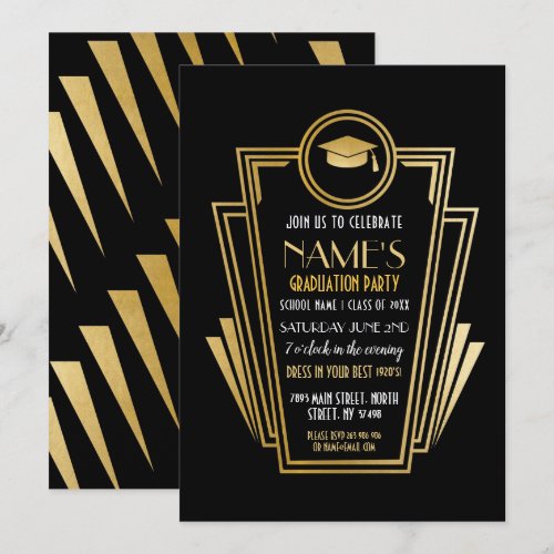 1920s Art Deco Graduation Party Gold Invite Gatsby