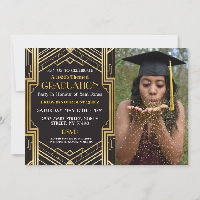 1920s Art Deco Graduation Photo Gatsby Party Gold Invitation (Front)