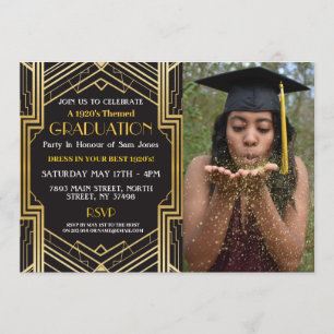 1920s Art Deco Graduation Photo Gatsby Party Gold Invitation