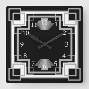 1920s Art Deco Gray & Black Geometric Pattern Square Wall Clock