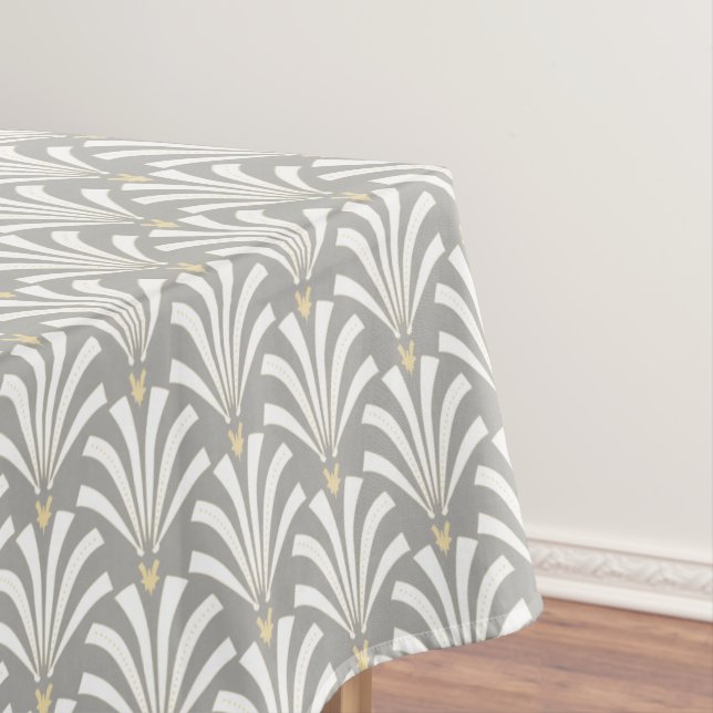 1920s Art Deco Gray & White Palmettos Tablecloth (In Situ)