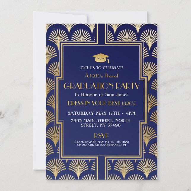 1920s Art Deco Navy Gold Gatsby Party Graduation Invitation (Front)