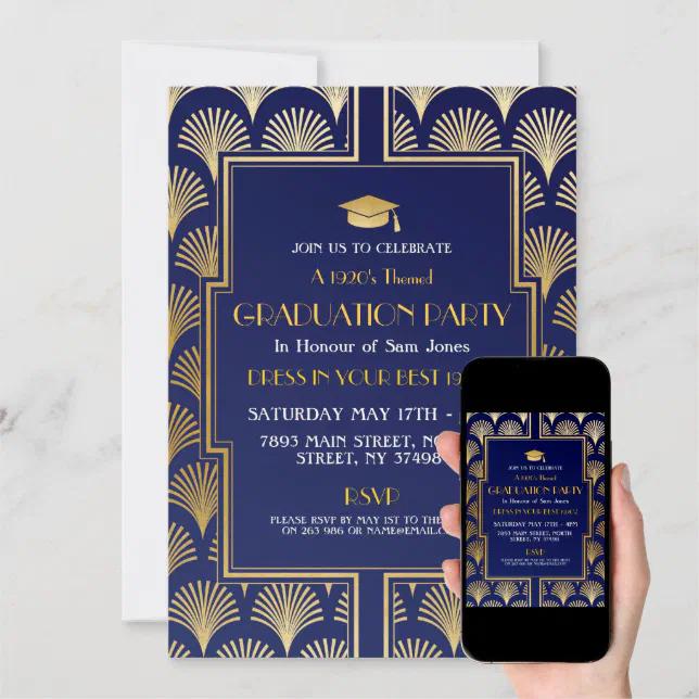 1920s Art Deco Navy Gold Gatsby Party Graduation Invitation | Zazzle