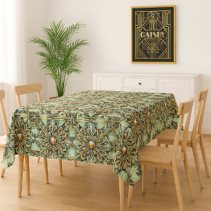 1920's Art Deco Ornate Green Gold Tablecloth
