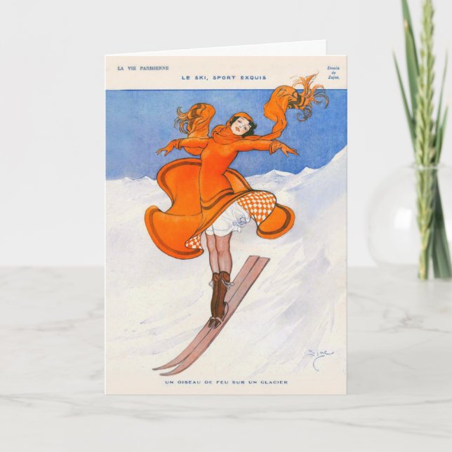 1920s Art Deco Vintage Woman Skier Holiday Card (Front)