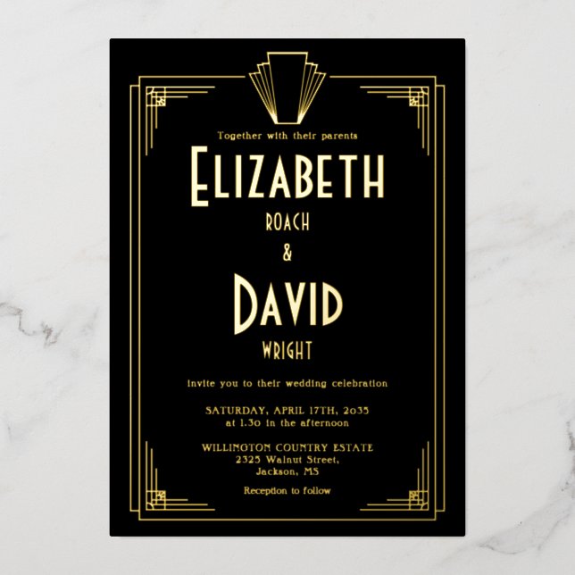 1920s Art Deco Wedding Black And Gold Foil Invitation (Front)