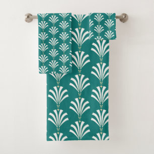 1920s Art Deco White & Cream Palmettos in Teal Bath Towel Set