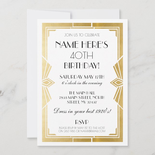 1920's Birthday Art Deco Invite Gatsby Party Gold (Front)