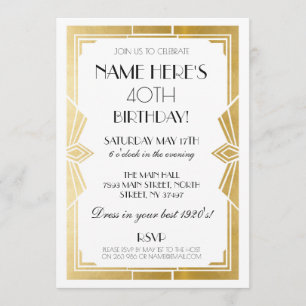 1920's Birthday Art Deco Invite Gatsby Party Gold
