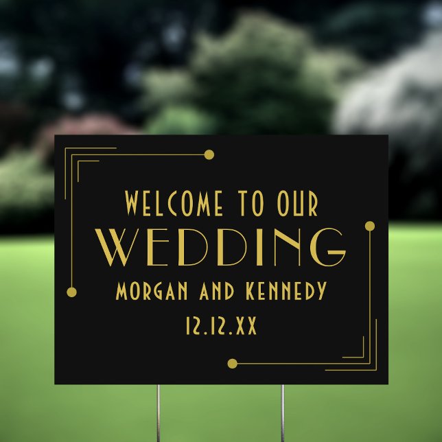 1920s Black and Gold Gatsby Welcome Wedding Sign (Welcome your guests in style with this black and gold gatsby style wedding sign)