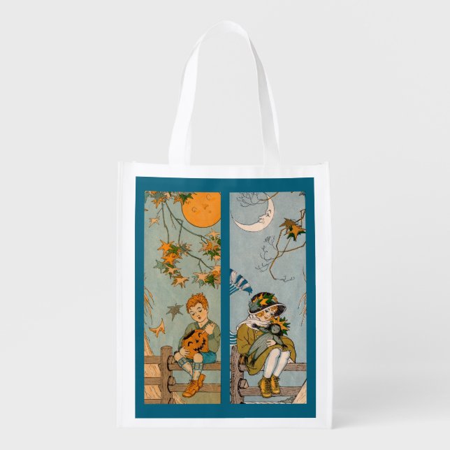 1920s boy and girl in autumn grocery bag (Front)