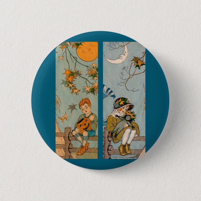 1920s boy and girl in autumn pinback button (Front)