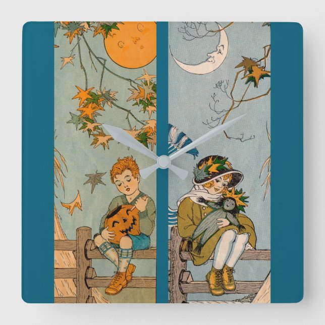 1920s boy and girl in autumn square wall clock (Front)
