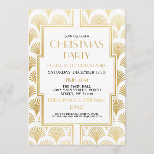 1920's Christmas Art Deco Gatsby Party Gold Fan Invitation