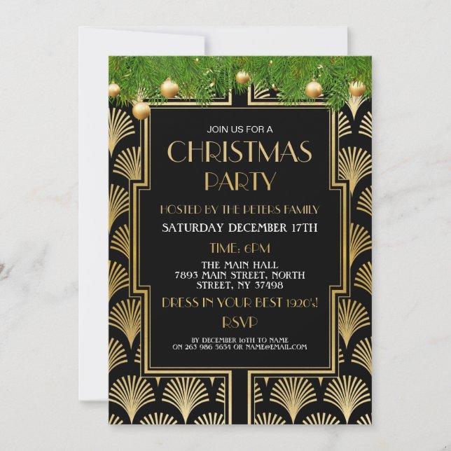 1920's Christmas Art Deco Party Gold Fan Invitation (Front)