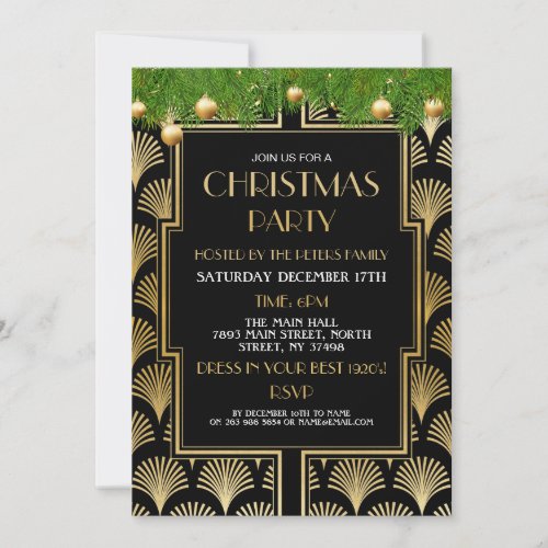 1920s Christmas Art Deco Party Gold Fan Invitation