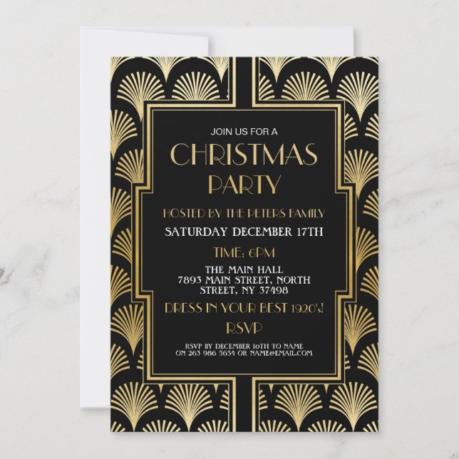 1920's Christmas Art Deco Party Gold Fan Invitation (Front)