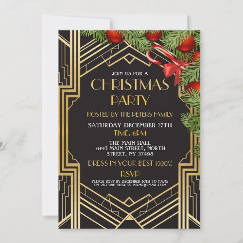 1920s Christmas Gatsby Party Gold Art Deco X_Mas Invitation
