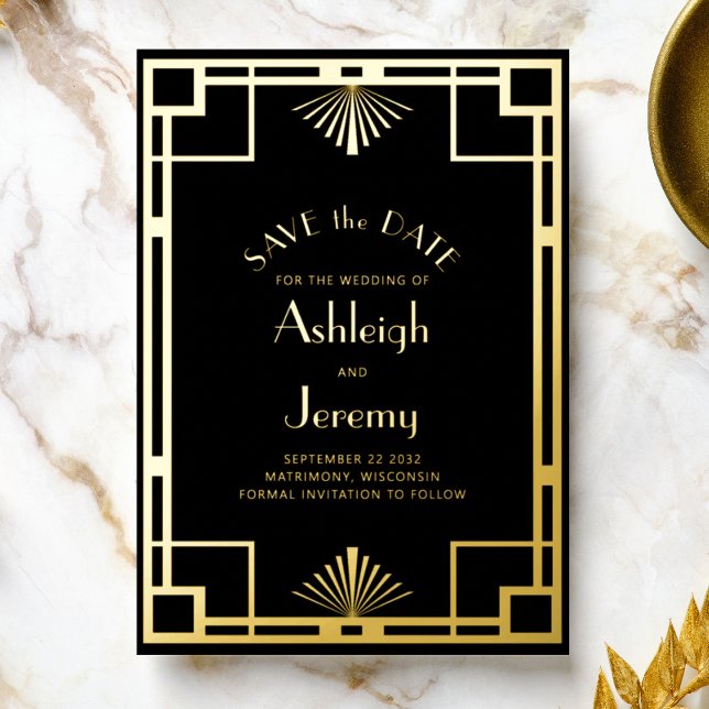 1920s Deco Black Gold Wedding Save the Date Foil Invitation (Creator Uploaded)