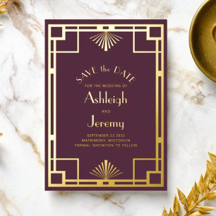 1920s Deco Burgundy Gold Wedding Save the Date Foil Invitation