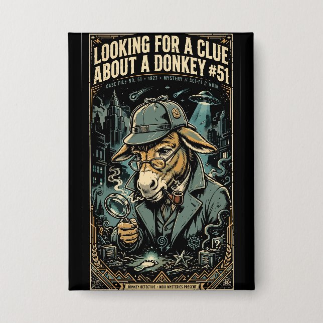 1920s Detective Donkey Noir Comic Button (Front)