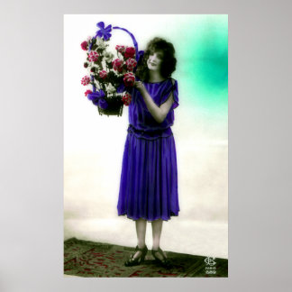 1920's Era Glamour Gal with Basket of Flowers Poster