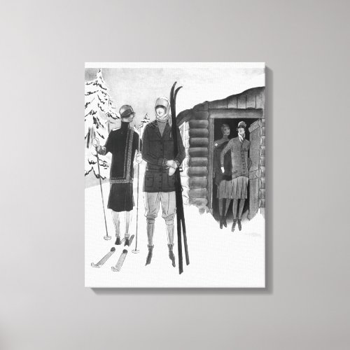 1920s Fashionable Women on Ski Trip BW Canvas Print