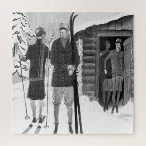1920s Fashionable Women on Ski Trip BW Jigsaw Puzz Jigsaw Puzzle