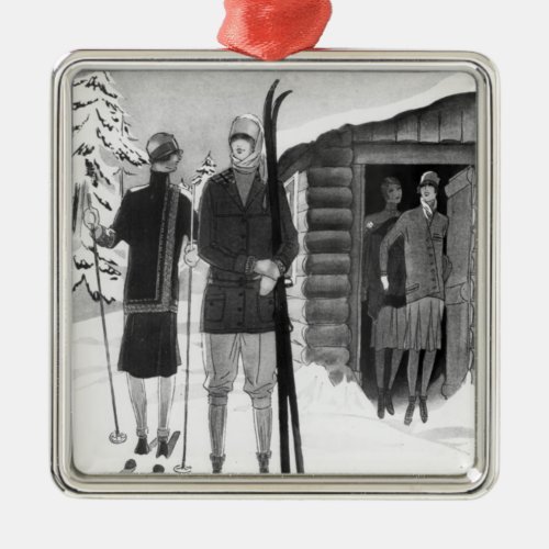 1920s Fashionable Women on Ski Trip BW Metal Ornament