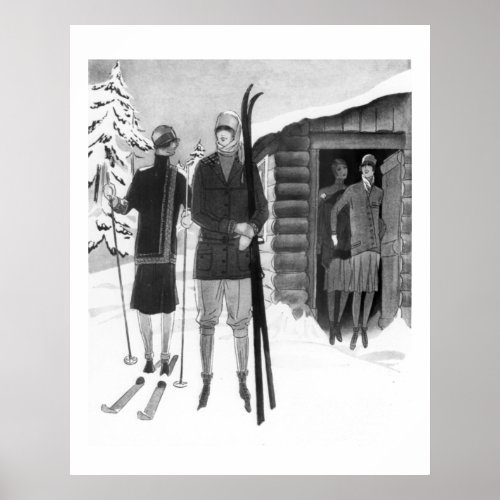 1920s Fashionable Women on Ski Trip BW Poster