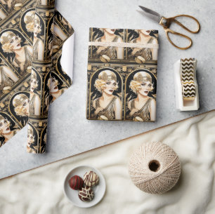 1920's flapper girl great gatsby black gold party wrapping paper