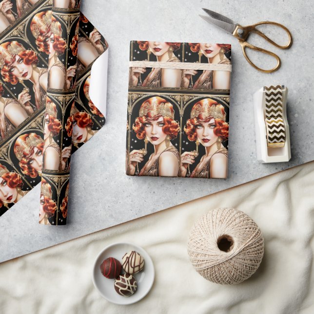1920's flapper girl great gatsby black gold red wrapping paper (Crafts)
