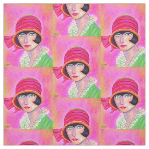 1920s Flapper Girl in Red Cloche Hat Bobbed Hair Fabric