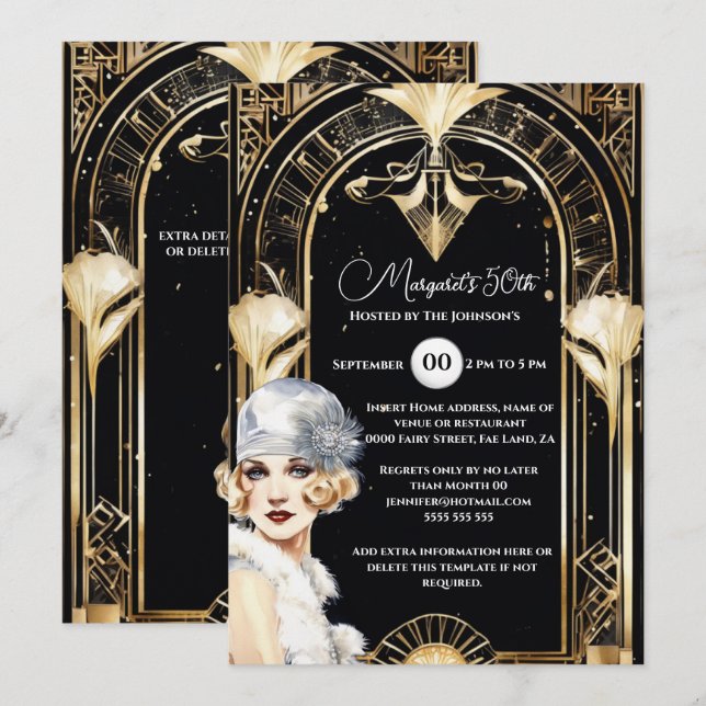 1920's flapper girl roaring twenties art deco chic invitation (Front/Back)