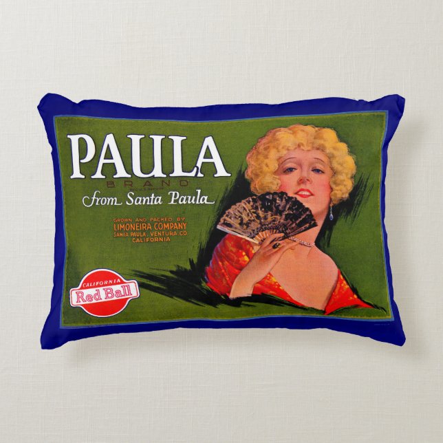 1920s fruit crate label Paula from Santa Paula Accent Pillow (Front)