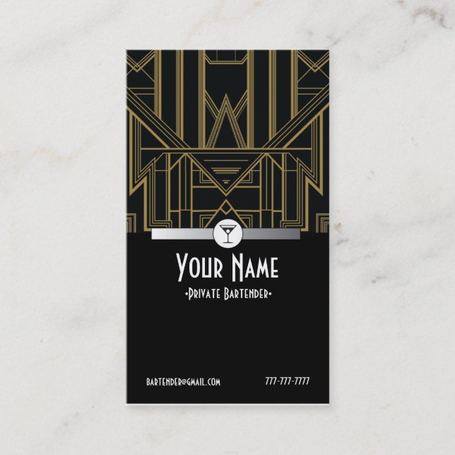 1920s Gatsby Bartender Business Card (Front)