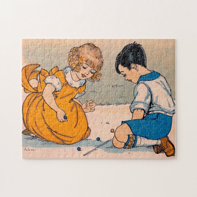 1920s girl and boy playing marbles jigsaw puzzle (Horizontal)