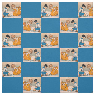 1920s girl and boy playing marbles print fabric