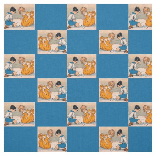 1920s girl and boy playing marbles print fabric