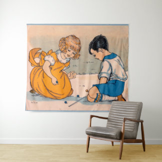 1920s girl and boy playing marbles tapestry