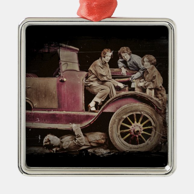 1920's Girl Auto Mechanics Metal Ornament (Front)