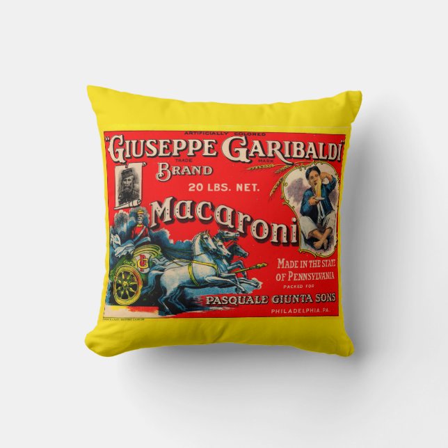 1920s Giuseppe Garibaldi macaroni label print Throw Pillow (Front)
